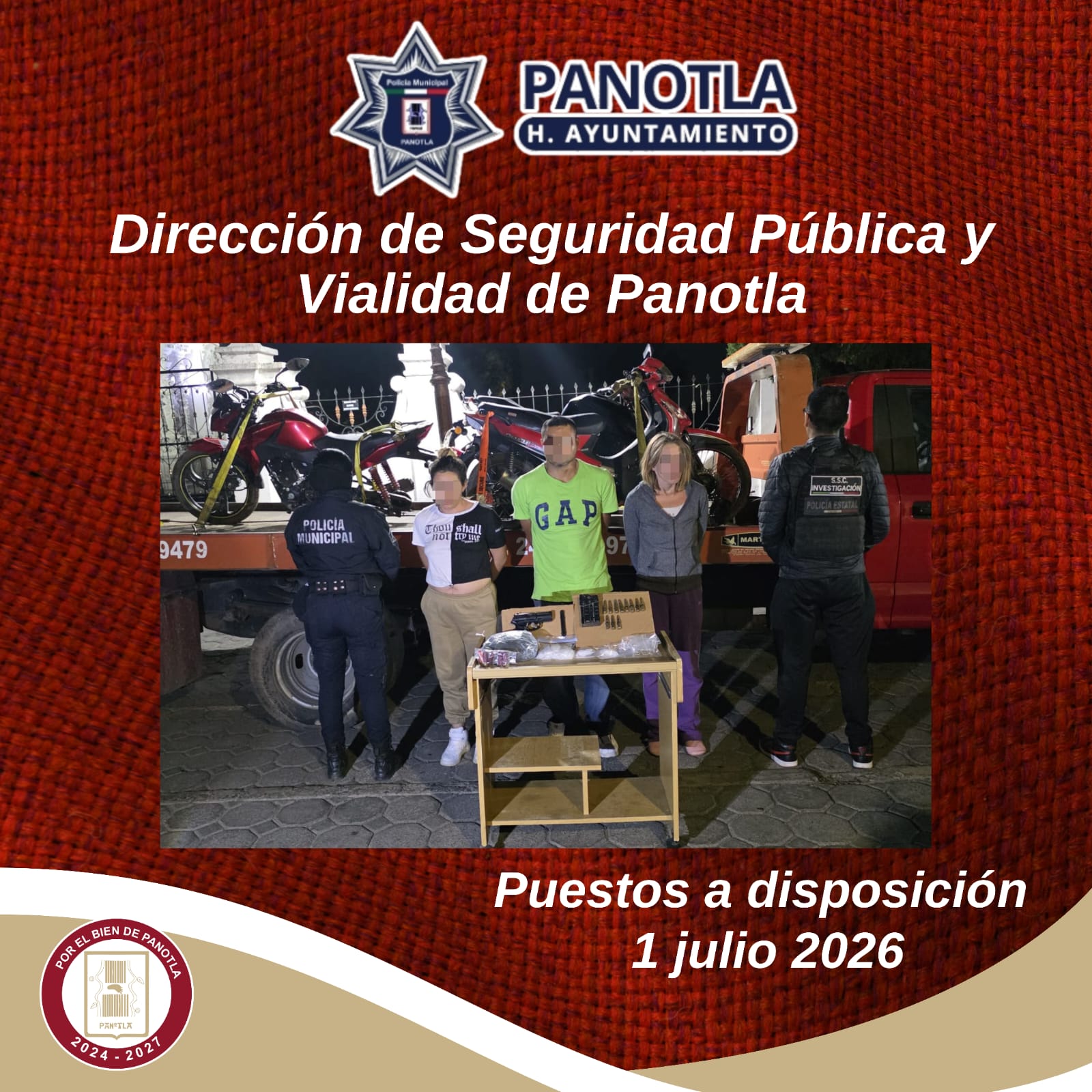 COORDINACIÓN ENTRE CORPORACIONES PERMITE DETENCIÓN DE TRES PERSONAS EN PANOTLA