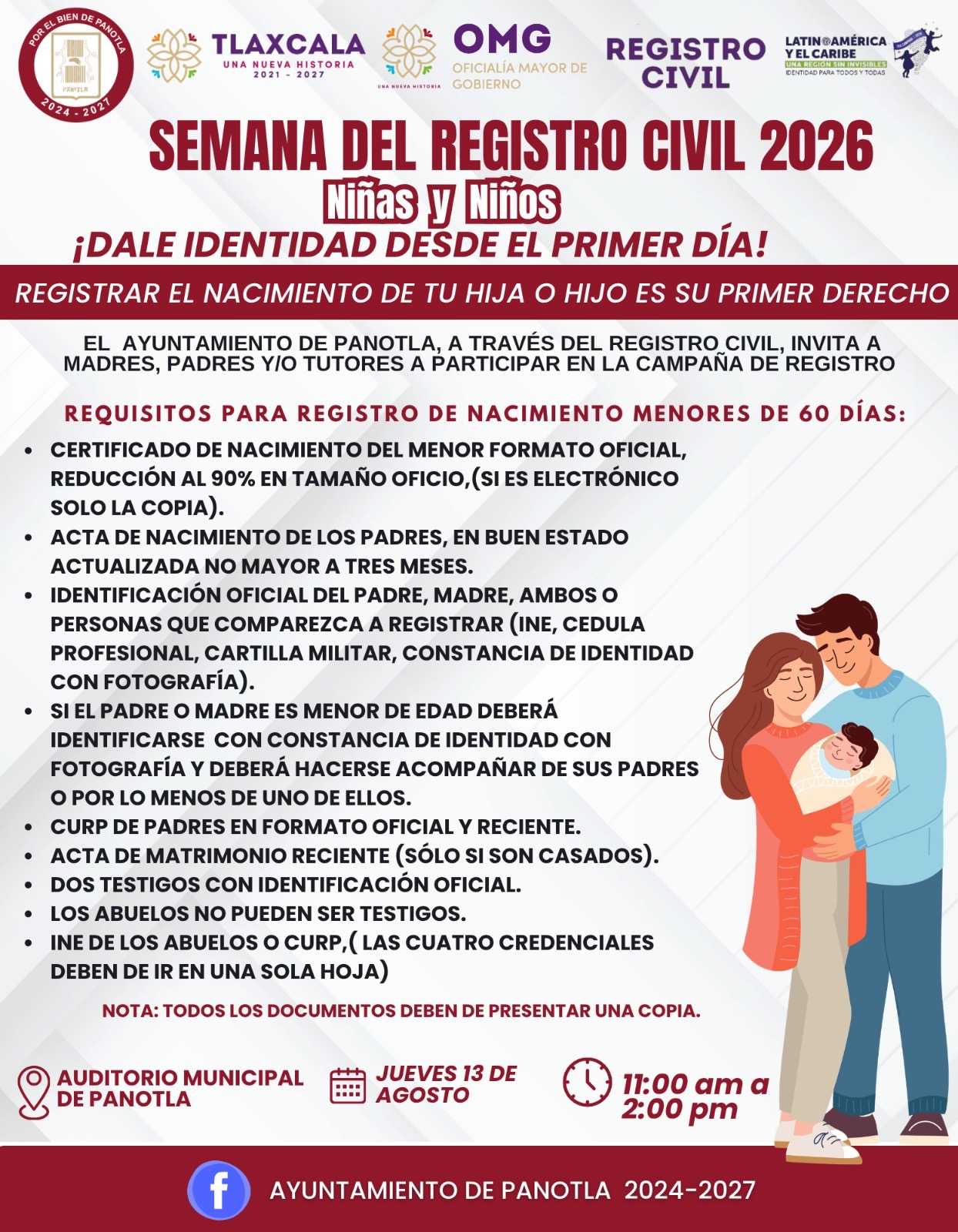 CAMPAÑA DE REGISTRO CIVIL 2026: AYUNTAMIENTO DE PANOTLA INVITA AL REGISTRO GRATUITO DE NACIMIENTO PARA NIÑAS Y NIÑOS
